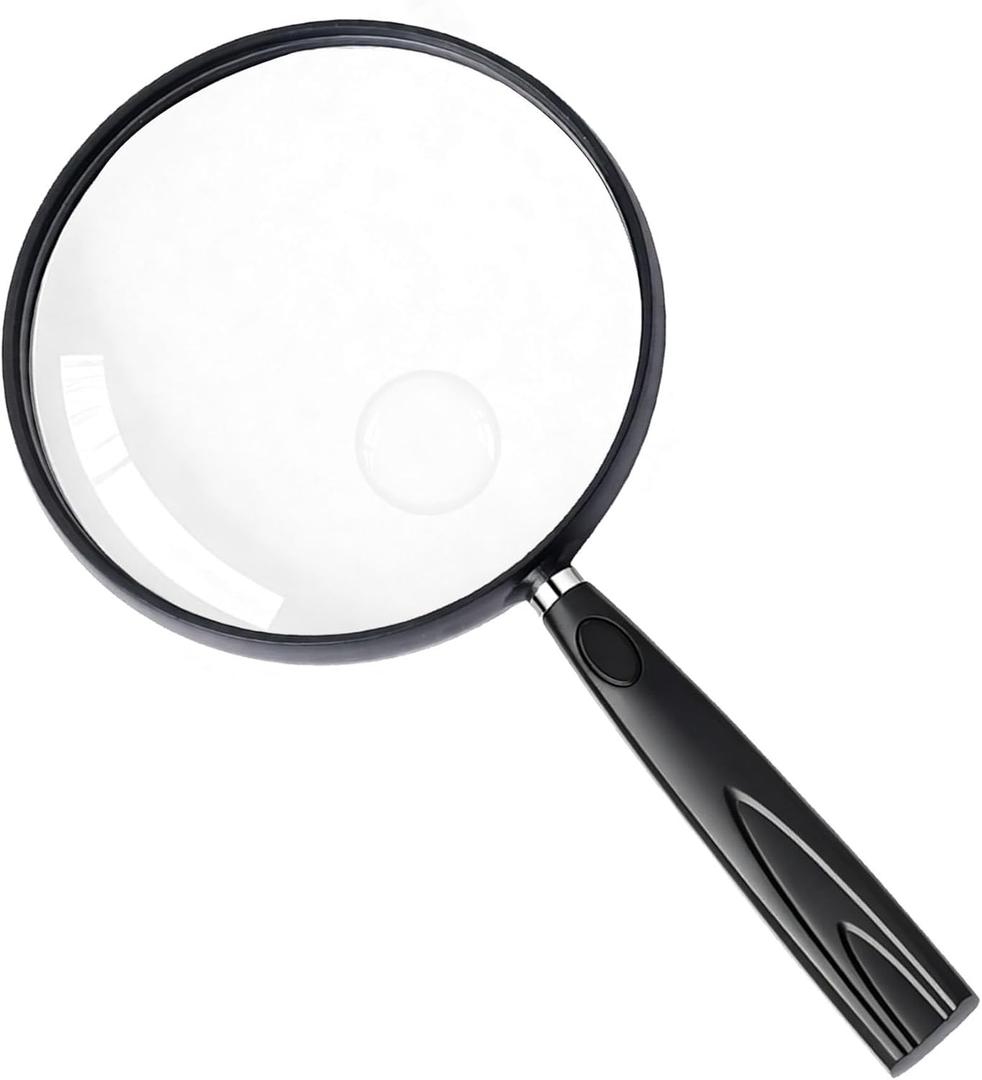 Feosky Handheld Reading Magnifier, 10X Magnifier, 130mm Shatterproof Lens, Non-Slip Handle for Adults Close Work, Seniors Reading and Nature Exploration, Hobby Observation(Black)