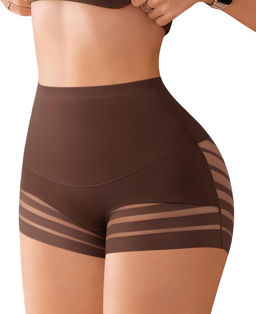 High Waisted Boyshorts for Women Slight Tummy Control Shapewear No Show Underwear Ladies Stretch Mesh Panties (Brown, M)