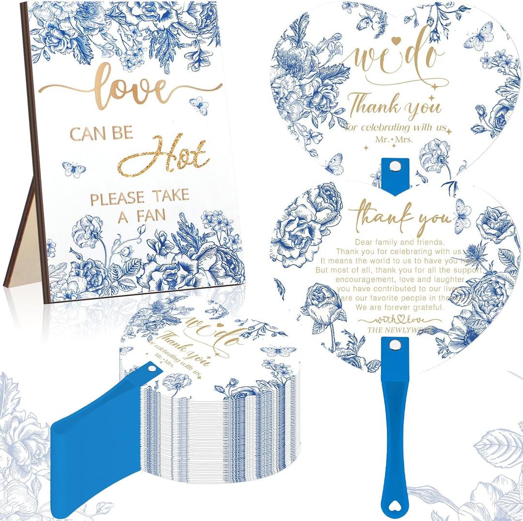 Roowest 101 Pcs Wedding Fans for Guests 100 Pcs Wedding Hand Plastic Fans and a Table Sign for Bridal Shower Party Favor Appreciation(Blue and White,Floral) (Blue and White)