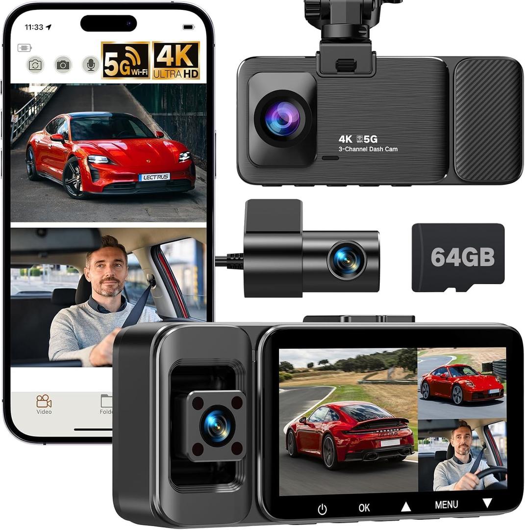 4K Dash Cam Front and Rear Inside, 3-Channel Cars Camera Dash with 170 Wide Angle, Free 64GB SD Card, 5.8GHz WiFi, Night Vision, G-Sensor, Loop Recording, Parking Monitor, USB C, Max 256GB