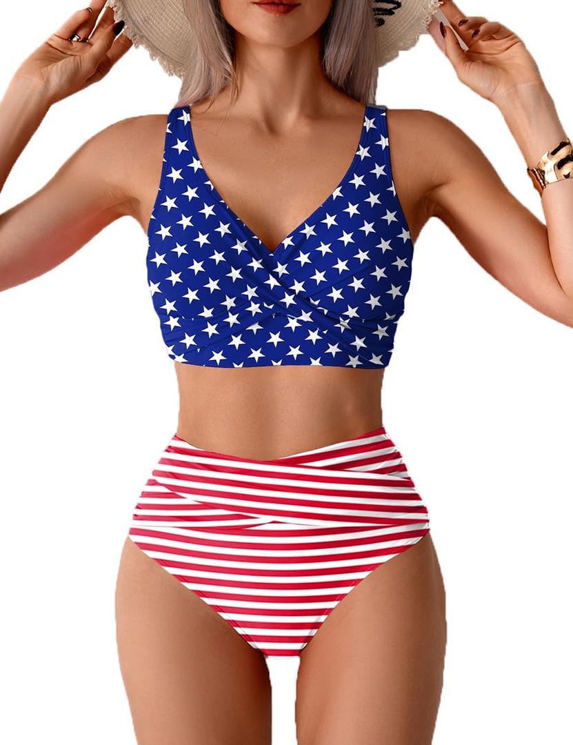 Tainehs Women's Two Piece Bikini Sets V Neck Push Up Swimsuit High Waisted Tummy Control Bathing Suit American Flag M
