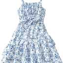 GORGLITTER Girl's Dress Floral Layered Ruffle Cami Dress Spaghetti Strap Cute Bow Boho Belted Dresses (Blue, 10Y)