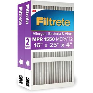 Filtrete 16x25x5 Air Filter, MERV 12, MPR 1550, 2 HVAC Filters Allergen, Bacteria & Virus, 12-Month AC/Furnace Filters, Cleaner Air, Reliable Airflow, (Act. Size 15.88x24.56x4.31 in)