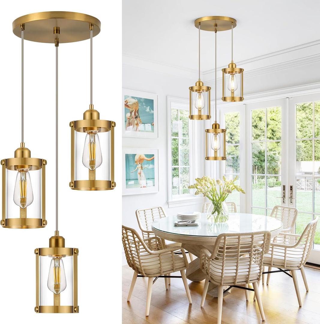 3-Light Pendant Lighting, Brushed Gold Dining Room Chandelier Light Fixture Over Table with Clear Glass, Modern Cluster Hanging Lights for Kitchen Island Sink, OS-3014-3BG