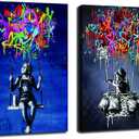 Framed Banksy Street Graffiti Wall Art Decor Large Abstract Pictures Canvas Painting Prints Colorful Modern Contemporary Poster Artwork Stretched for Wall Home Bathroom Bedroom Living Room Ready Hang