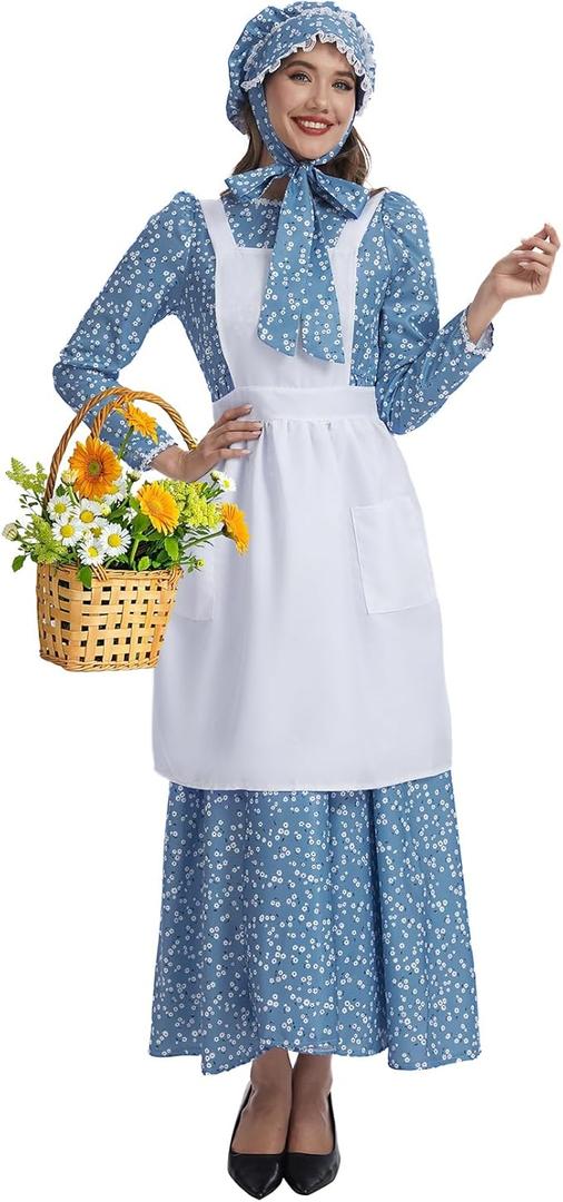 Pioneer Dress Women Colonial Costume with Bonnet Adult Long Colonial Floral Dress, M