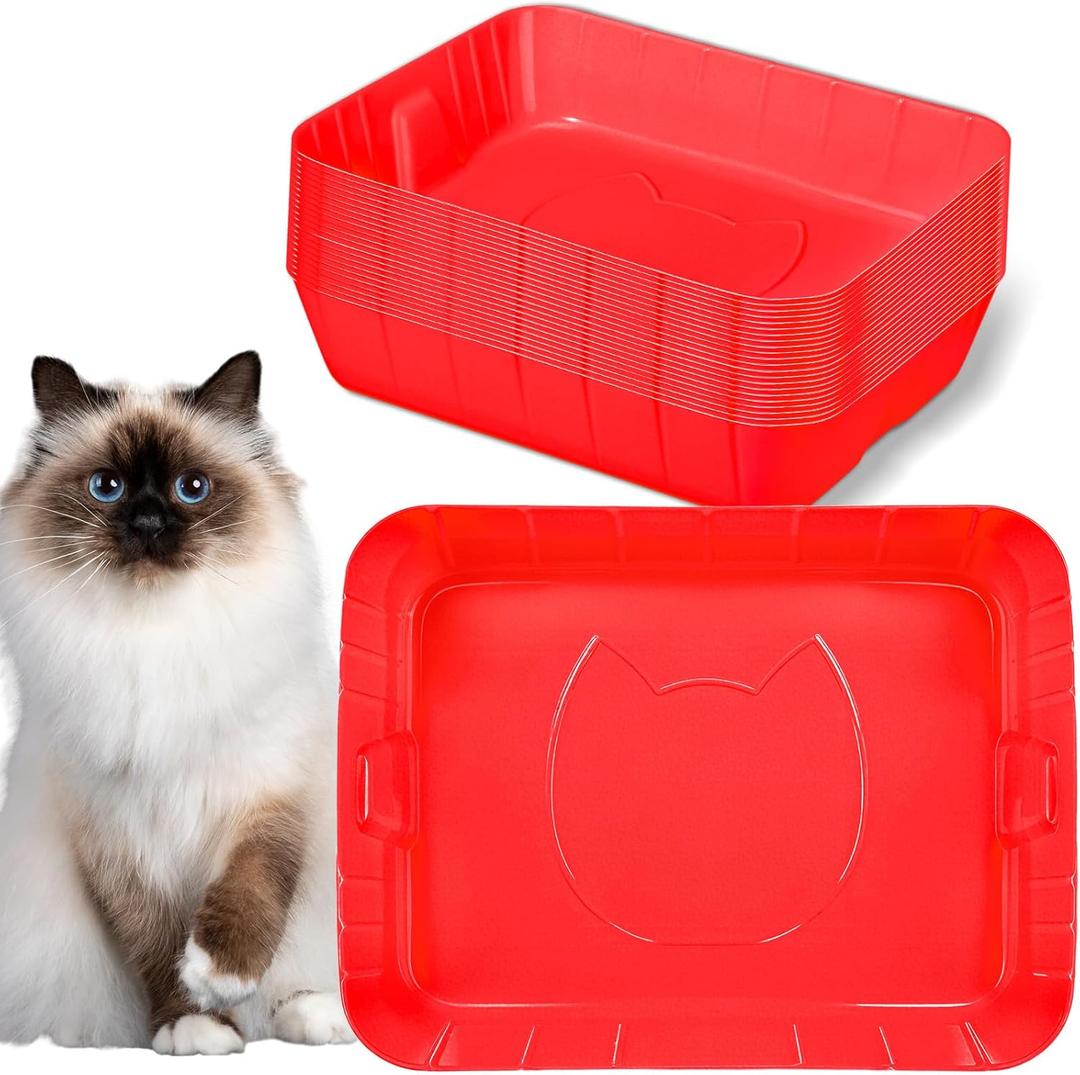 Bokon 25 Count Disposable Cat Litter Box Plastic Disposable Litter Box for Kitty Cats Portable for Travel and Home Leak-Proof Cat Litters Tray Pet Supplies No-Scrub, 15.7 x 11.8 x 3 Inches(Red)