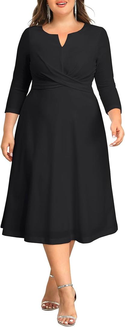 Plus Size Wedding Guest Dress - Church Midi Fall Semi Formal 3/4 Sleeve V Neck A-line Dress for Women 2025 16W