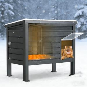 Suteck Heated Outdoor Cat House, Plastic Cat House Weatherproof, Elevated Feral Cat Shelter for Winter, Outside Cat House with Heated Pad