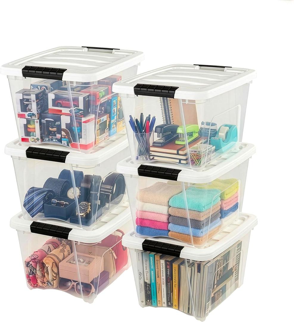 IRIS USA 19 Qt Stackable Plastic Storage Bins with Lids, 6 Pack - BPA-Free, Made in USA - See-Through Organizing Solution, Latches, Durable Nestable Containers, Secure Pull Handle - Clear/White