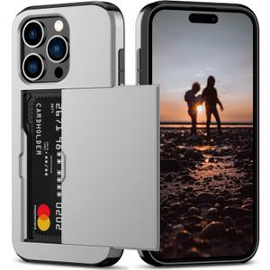 Nvollnoe Compatible with iPhone 15 Pro Case with Card Holder Heavy Duty Protective Dual Layer Shockproof Hidden Card Slot Slim Wallet Phone Cover for Women&Men 6.1 inch(Gray)