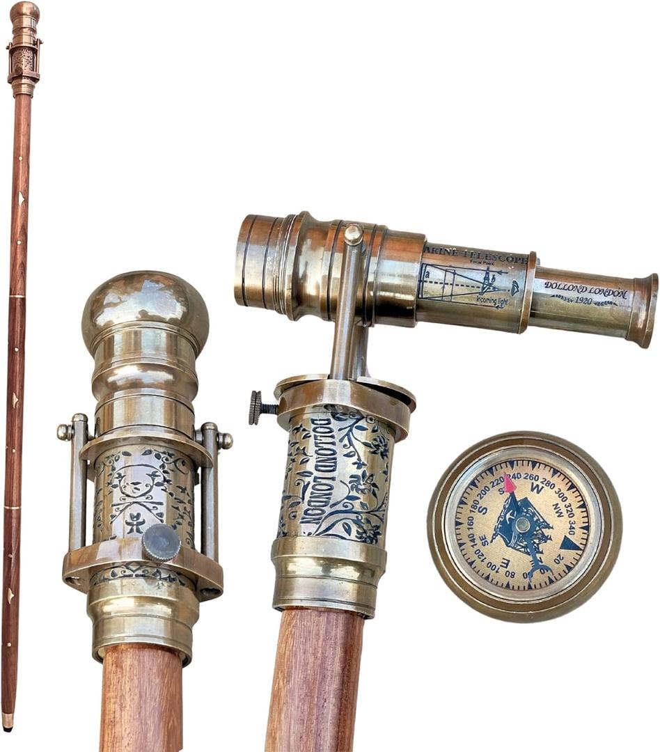 Engraved Brass Walking Stick with Hidden Telescope Spyglass Handle & Direction Compass, 39 Inch Vintage Foldable Cane, Victorian Unisex Cane for Seniors & Collectors