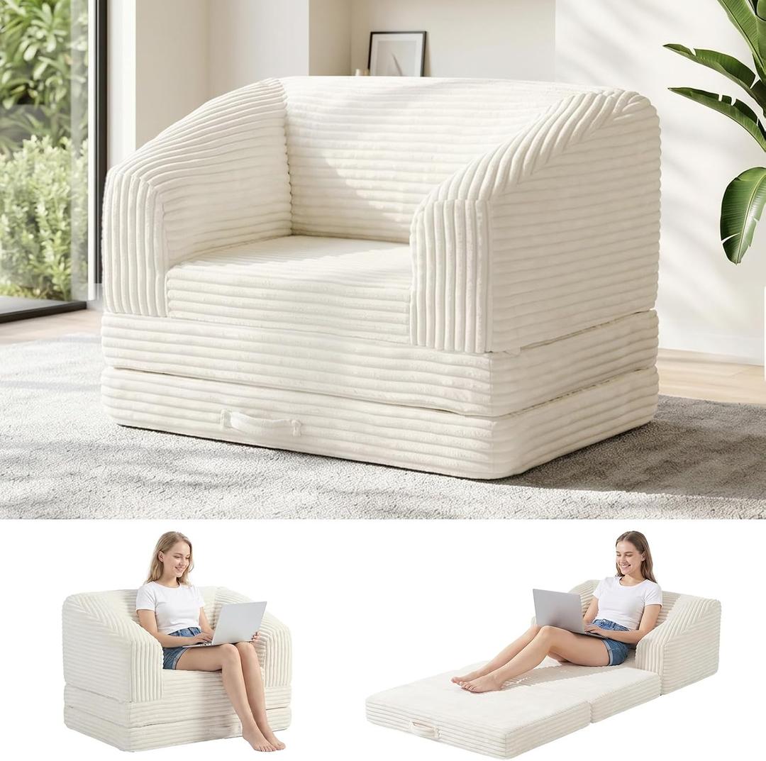 cidludto Convertible Boneless Couch Sleeper Sofa Bed, Folding Oversized Bean Bag Couch, Comfy Sofa Chairs for Adults with Filling, Single, Beige, Single-35''