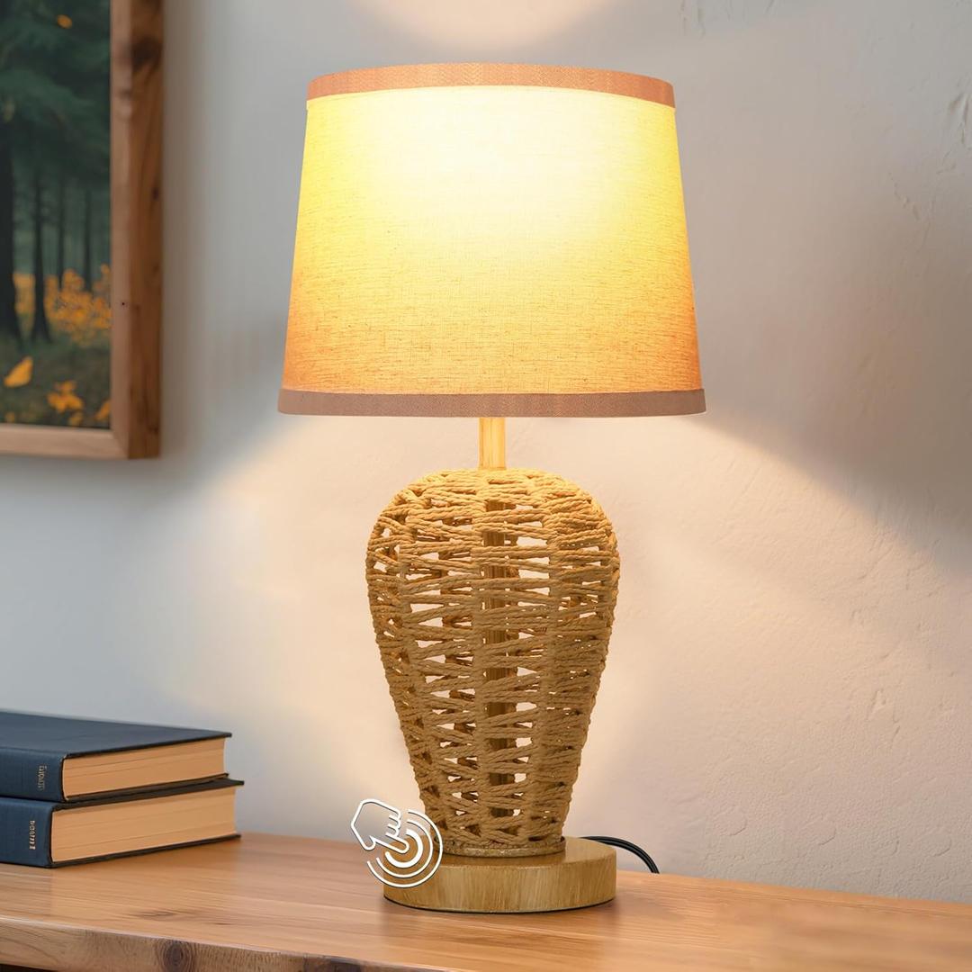 Boho Table Lamp,Touch Control & 3 Way Dimmable, 100% Hand Woven Rattan Coastal Farmhouse Bedside Nightstand Lamp for Bedroom, Living Room, Office (Bulb Included)