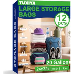 TUXIYA 12PACK 20 Gallon Extra Large Zipper Plastic Bags for Storage 24'' x 32'',Extra Large Clear Zipper Bags Reusable for Clothes, Home Moving, Travel, Camping, Thick 6 Mil