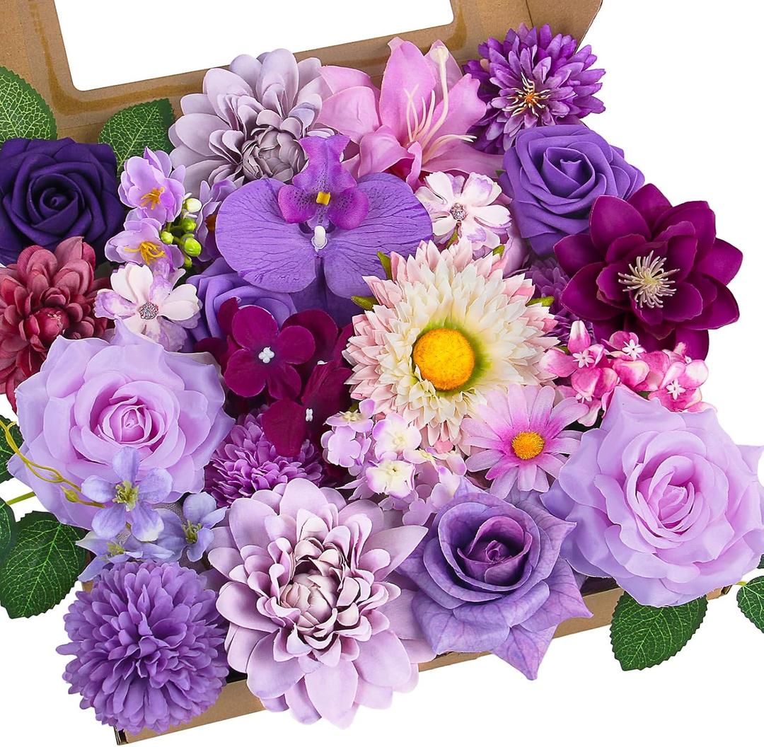 Fake Flowers Artificial Flowers Peonies Bulbous Chrysanthemum Daisy Hydrangea Sunflower Violets Dahlia Daffodils Epiphyllum Orchid Cherry Blossom Camellia Leyaron Floral Arrangements (Purple&Pink)