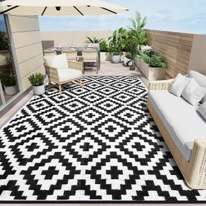 OLANLY Waterproof Outdoor Rug 9x12 ft, Outdoor Plastic Straw Rug for Camping, RV Mat Outside, Indoor Outdoor Carpet for Porch, Deck, Backyard, Balcony, Picnic, Black & White