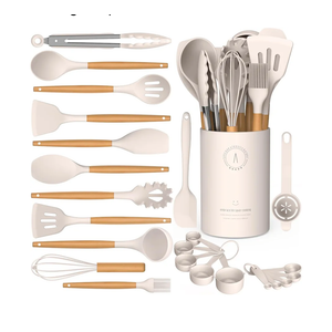 Silicone Cooking Utensils Set - AVGPD Silicone Kitchen Utensils for Cooking Wooden Handles, 446°F Heat Resistant Kitchen Utensil Spatula Sets w Holder, Gadgets for Non-Stick Cookware BPA FREE (Khaki)