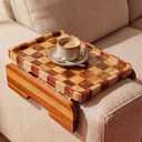 Kathfly Acacia Wood Checkered Sofa Armrest Tray, 13.75" x 9.5" Double Hinge Couch Arm Table, Clip on Sofa Arm Tray, Wooden Side Table for Food Snack Remotes Living Room Decor Mother's Day