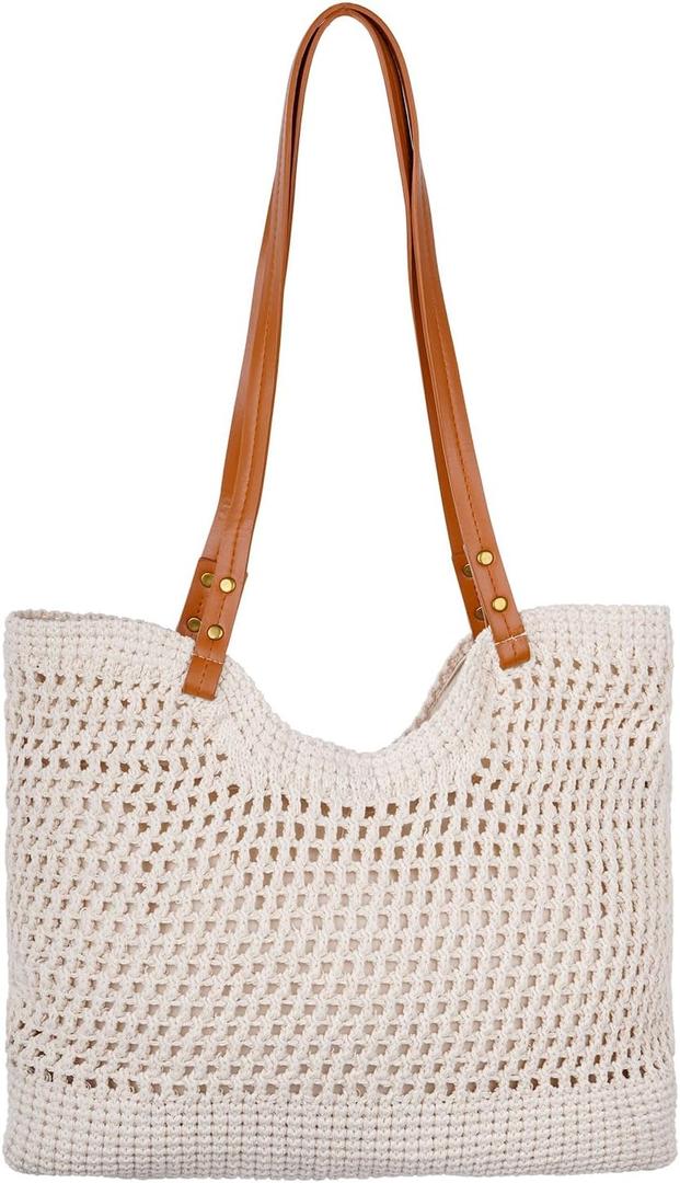 Crochet Beach Tote Bag for Women, Summer Knit Shoulder Bag with Leak-Proof Lining and Zipper, Boho Woven Purses Handbags