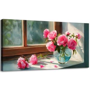 SLYCAY Large Pink Flowers Canvas Wall Art Prints, Vintage Floral Country Windowsill Scenes Painting Still life Relaxing Spiritual Pleasant Inspiration Aesthetic Wall Decor Living Room Office 20"X40"