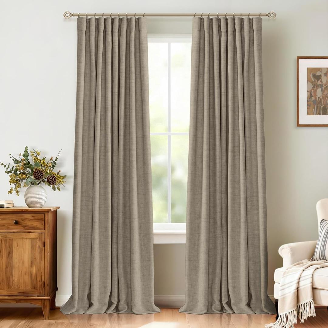 100% Blackout Shield Full Blackout Curtains for Bedroom 84 inch Length 2 Panels Set, Clip Rings/Rod Pocket Faux Linen Black Out Curtains for Living Room, Thermal Insulated, 50Wx84L, Faux Linen