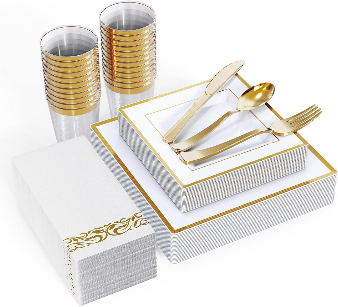 FOCUSLINE 175 Count Gold Dinnerware Set for 25 Guests - Square Plastic Plates with Gold Rim, Includes 25 Disposable Dinner & Dessert Plates, Napkins, Cups, Cutlery Set for Wedding Parties
