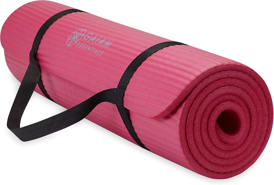 Gaiam Essentials 2/5" Thick (10mm) Yoga & Pilates, Fitness & Exercise Mat with Easy-Cinch Carrier Strap Cusion Support For Fitness and Gym Workouts