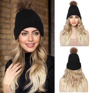 REECHO Beanie Wig Hair Extensions, Warm Knitted Beanie Hat with Hair 12" Beach Wavy Hair Extension Synthetic Hairpiece for Women - Black Beanie, Dirty Blonde with Light Ends Hair