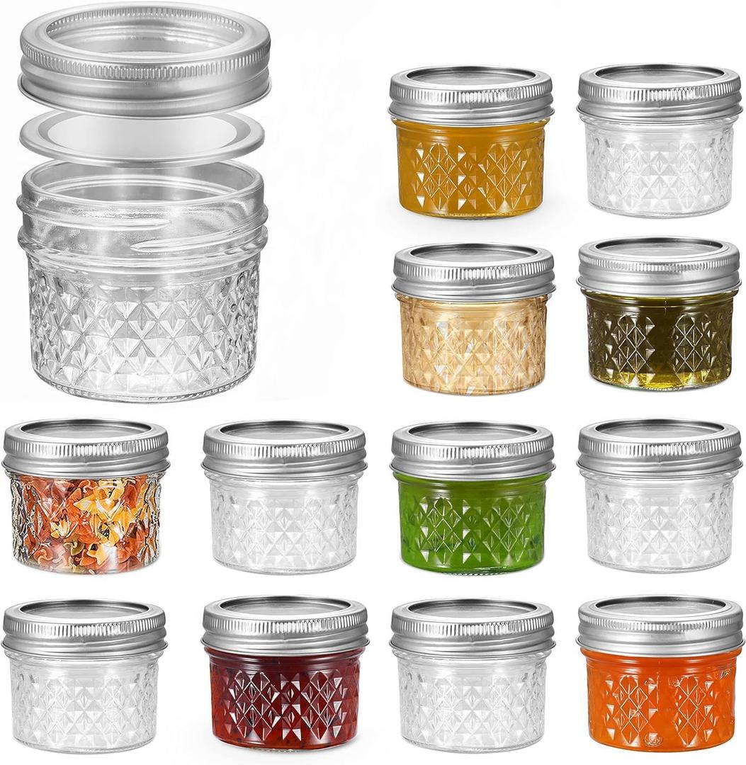 FRUITEAM 4 oz 12 PACK Mini Mason Jars with Lids and Bands, Quilted Crystal Jars Ideal for Spice, Honey, Jam, Body Butters, Jelly, Wedding Favors, DIY Candles Decor (4x12 Crystal)