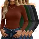 4 Pack Women's Mock Neck Long Sleeve Tops Ribbed Slim Fitted Cotton Thermal Shirts Casual Stretch Tight Base Layer (Black, Dark Gray, Olive Green, Caramel)