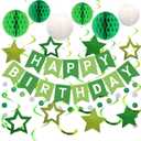 meowtastic Birthday Decorations, Happy Birthday Banner with Honeycomb Balls, Stars Hanging Swirls Streamers, Circle Dots Garland, Happy Birthday Party Decorations for Women Men Boys Girls (Green)