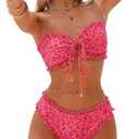 SHENHE Women's 2 Piece Bandeau Bikini Set Floral Print Tie Knot Ruffle Strapless Swimsuits, X-Large Pink