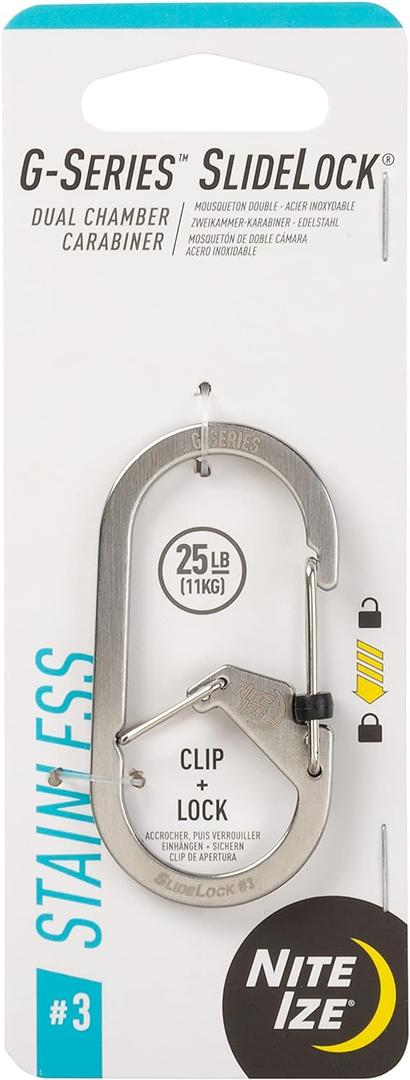 Nite IZE G-Series SlideLock #3 Dual Chamber Carabiner, Dual Security Carabiner Keychain, Stainless Steel (1 Count (Pack of 1))