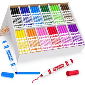 Aigybobo 240 Count Washable Markers Bulk, 12 Assorted Colors, Broad Line Conical Tip Coloring Markers for Kids, Markers Bulk Pack for Classroom, School Art Supplies & Back to School Supplies