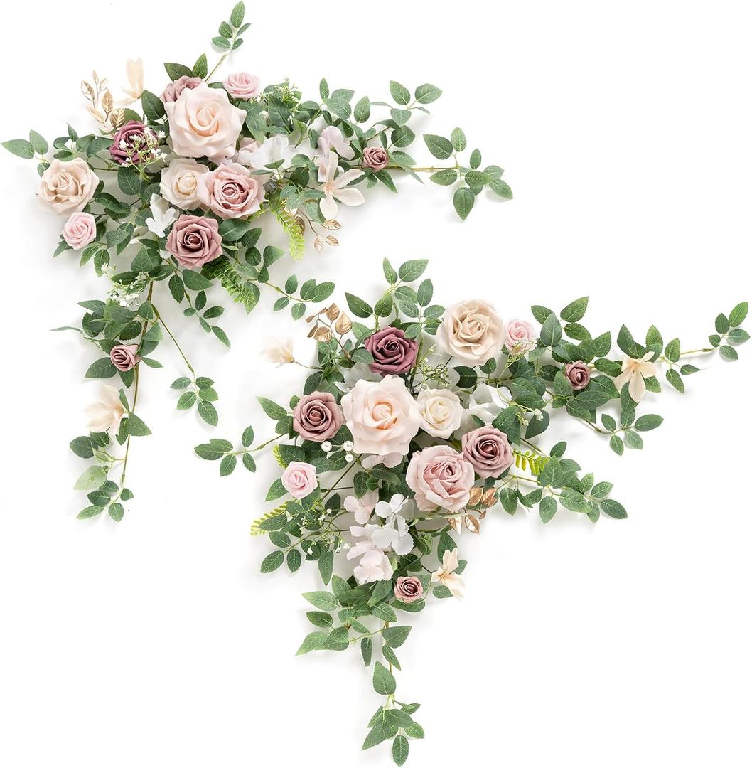Ling's moment 2PCS Dusty Rose Artificial Floral Swags Wedding Arch Flowers Pink Rose Garland Greenery Centerpieces Arrangements for Sweetheart/Head Table Easel Wall Entryway Board Backdrop Decor
