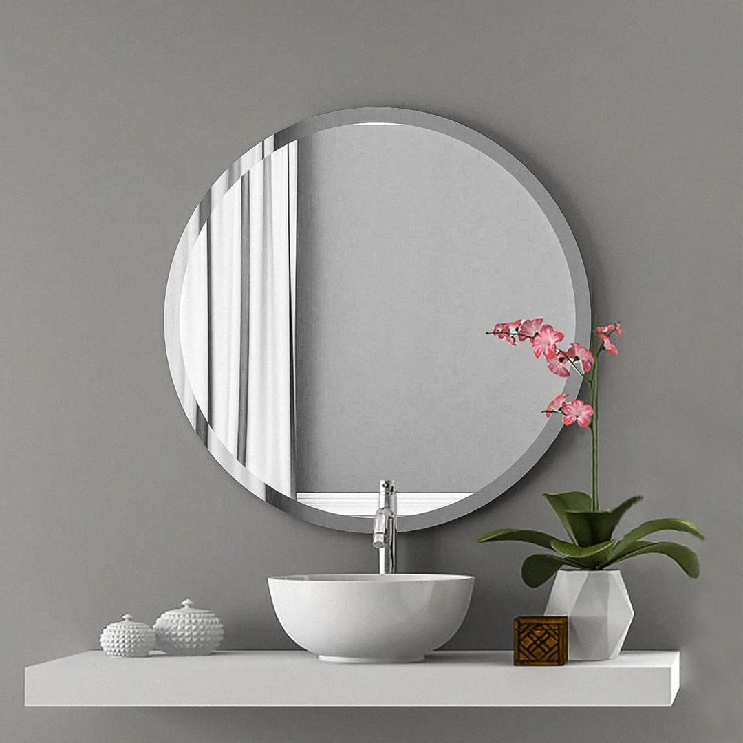 Frameless Round Mirror 24 Inch, Round Mirror with 1 inch Beveled Edge, Beveled Bathroom Mirrors for Vanity, Living Room, Entryways