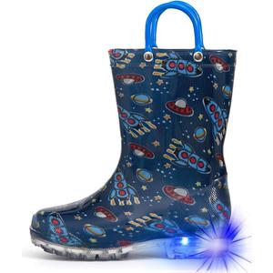 HugRain Toddler Boys Rain Boots Baby Kids Light Up Printed Waterproof Shoes Rubber Garden Puddle Boots Lightweight Adorable Cute Navy Blue Cosmos Easy-On Handles and Insole (Size 8, Navy)
