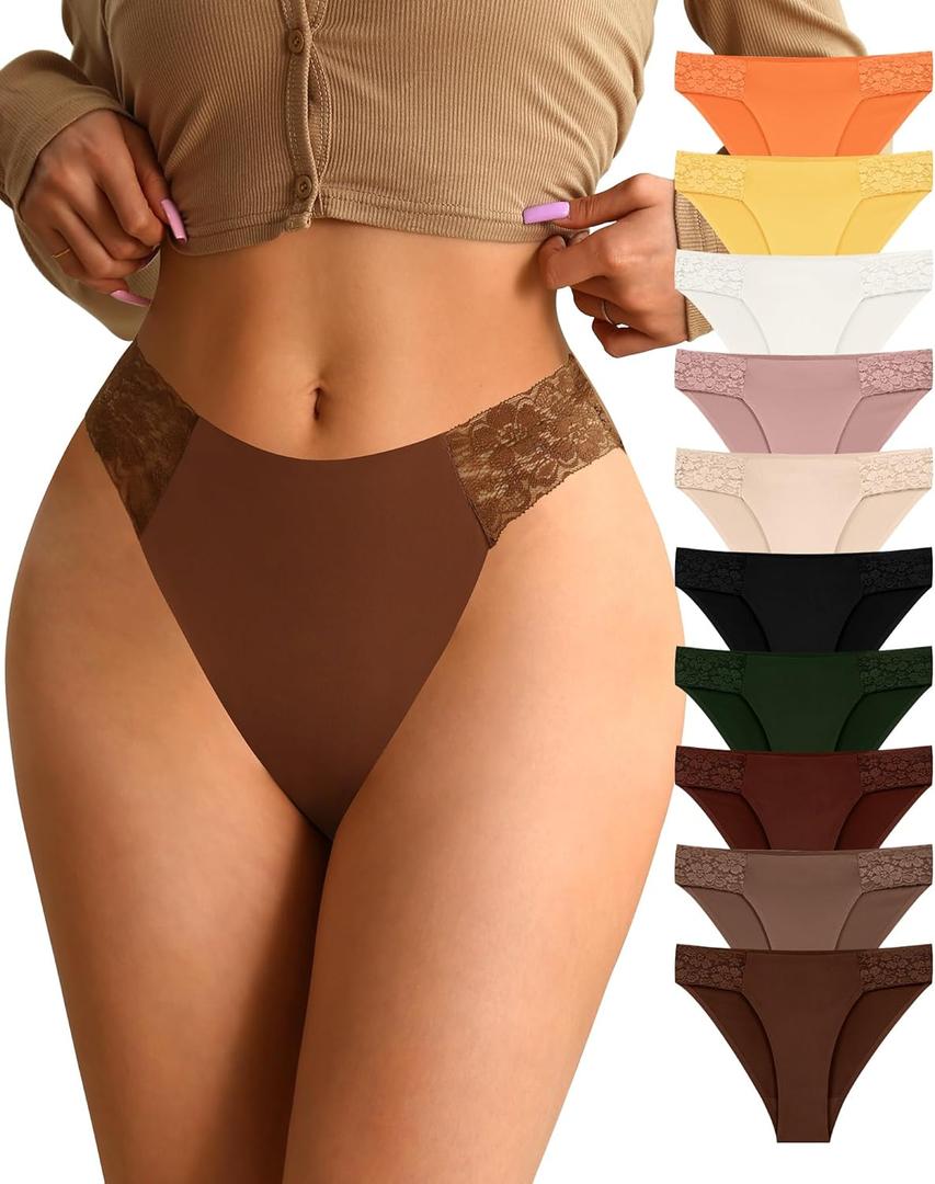 ASIMOON High Waist Bikini Underwear Womens Seamless Lace No Show Panties Soft Stretch High Cut Panties 10 Pack (Large, Multicolor-bikini 10 Pack)