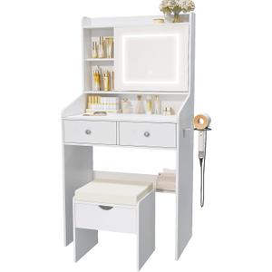 Vanity, Small Vanity Desk with Sliding Mirror, Dimmable LED Lights, 2 Drawers,Vanity Table Ideal for Bedroom (White)