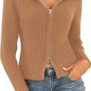 ZAFUL Women's Zip Up Sweater Long Sleeve Polo V Neck Ribbed Knit Slim Cropped Sweater Pullover Jumper Tops (1-Camel, S)