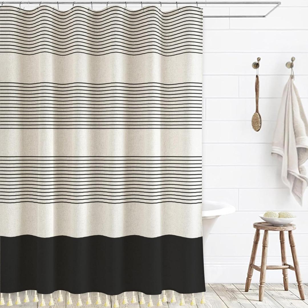 WOUVMA Boho Shower Curtains for Bathroom with Tassels Black Farmhouse Striped Shower Curtain Beige Rustic Linen 72x75 Inches