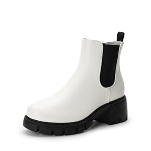 DREAM PAIRS Women's Elastic Chelsea Ankle Boots Platform Low Chunky Block Heel Lug Sole Slip on Fall Heeled Booties Shoes, Size 8.5, White, SDAB2316W