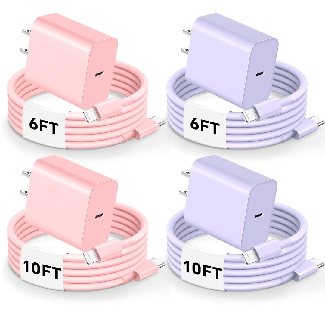 Riofxqin Phone Charger Fast Charging, 4 Pack USB C Wall Charger, 20W Type C Wall Charger Block with 10FT/6FT USB C to Lightniing Cable for Phone 14/13/12/11 Pro Max/Xs Max/XR/X,Ipad - Purple Pink