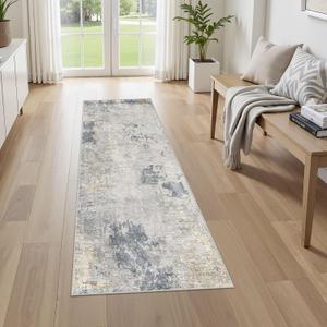 2X6 Washable Runner Rug for Hallway: Soft Neutral Modern Abstract Area Rug - Non-Slip Low Pile Long Throw Indoor Carpet for Kitchen Entryway Kitchen Bedroom Laundry Bathroom- Blue Grey