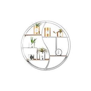 Round Wall Shelf, 24 Inch Metal & Wood Circular Floating Shelf, Black Mounted Display Organizer for Fireplace, Living Room, Bathroom, White 