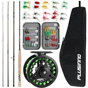 PLUSINNO Fly Fishing Rod and Reel Combo, 4 Piece Lightweight Ultra-Portable Graphite Fly Rod 5/6 Complete Starter Package with Carrier Bag