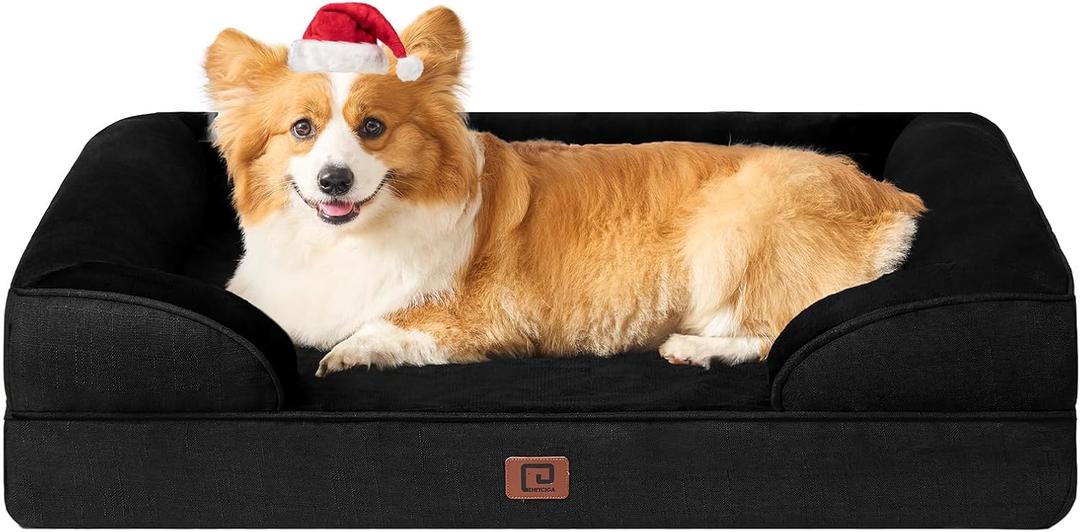 EHEYCIGA Orthopedic Dog Beds for Large Dogs, Waterproof Memory Foam Large Pet Bed with Sides, Non-Slip Bottom and Egg-Crate Foam Dog Couch Bed with Washable Removable Cover, Black (35.0"L x 22.0"W x 6.5"Th)