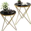 HLR Modern Round Side Table Set of 2, End Table with Marble Effect Top and Gold Metal Frame, Small Side Table for Living Room, Bedroom, Sofa and Couch, Gold Legs, Black Marble top