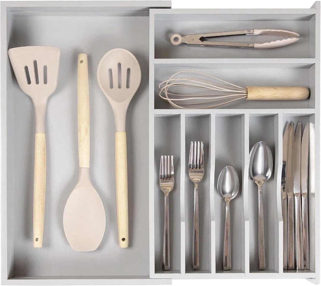 KitchenEdge Premium Silverware, Flatware and Utensil Organizer for Kitchen Drawers, Food-Safe Contract Grade, Expandable from 10.5 to 19 In, Gray Bamboo